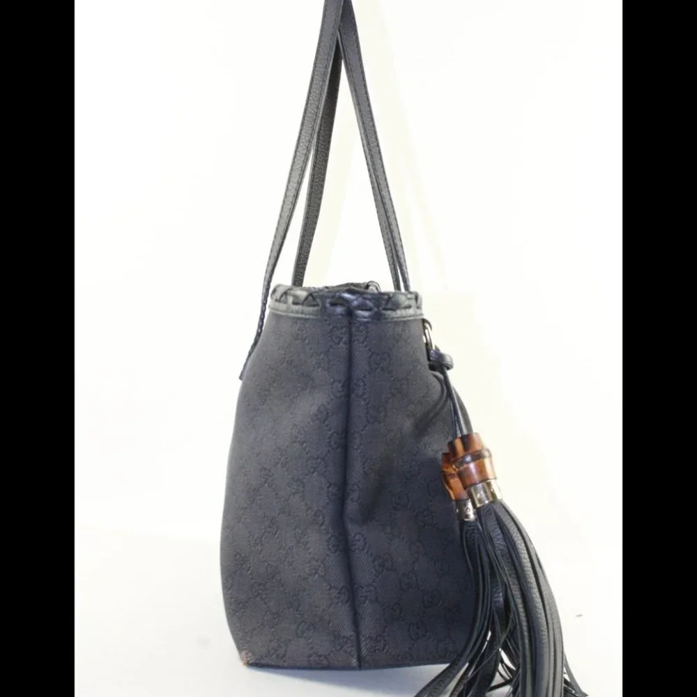 Gucci Black Monogram Denim Bamboo Fringe Tassel Tote 2GK1214K
